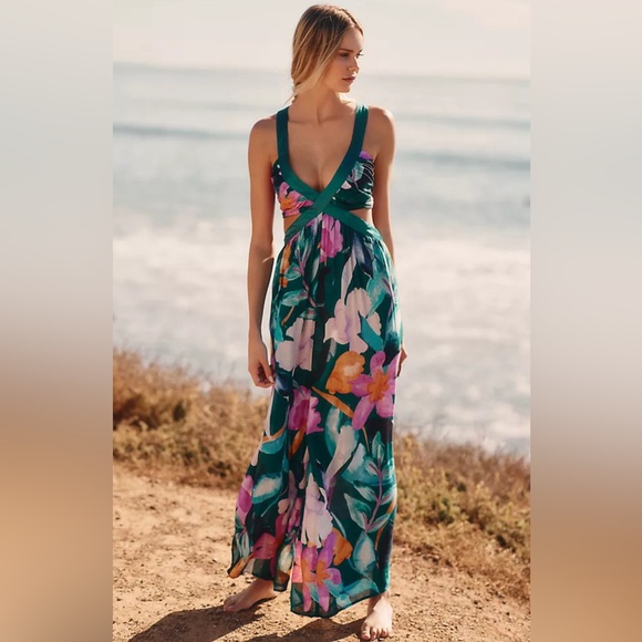 Anthropologie Pants - Anthropologie Teal Floral Cutout Maxi Jumpsuit